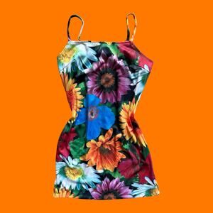 90's vintage sunflower daisy floral cyber photo print bodycon mini dress MEDIUM